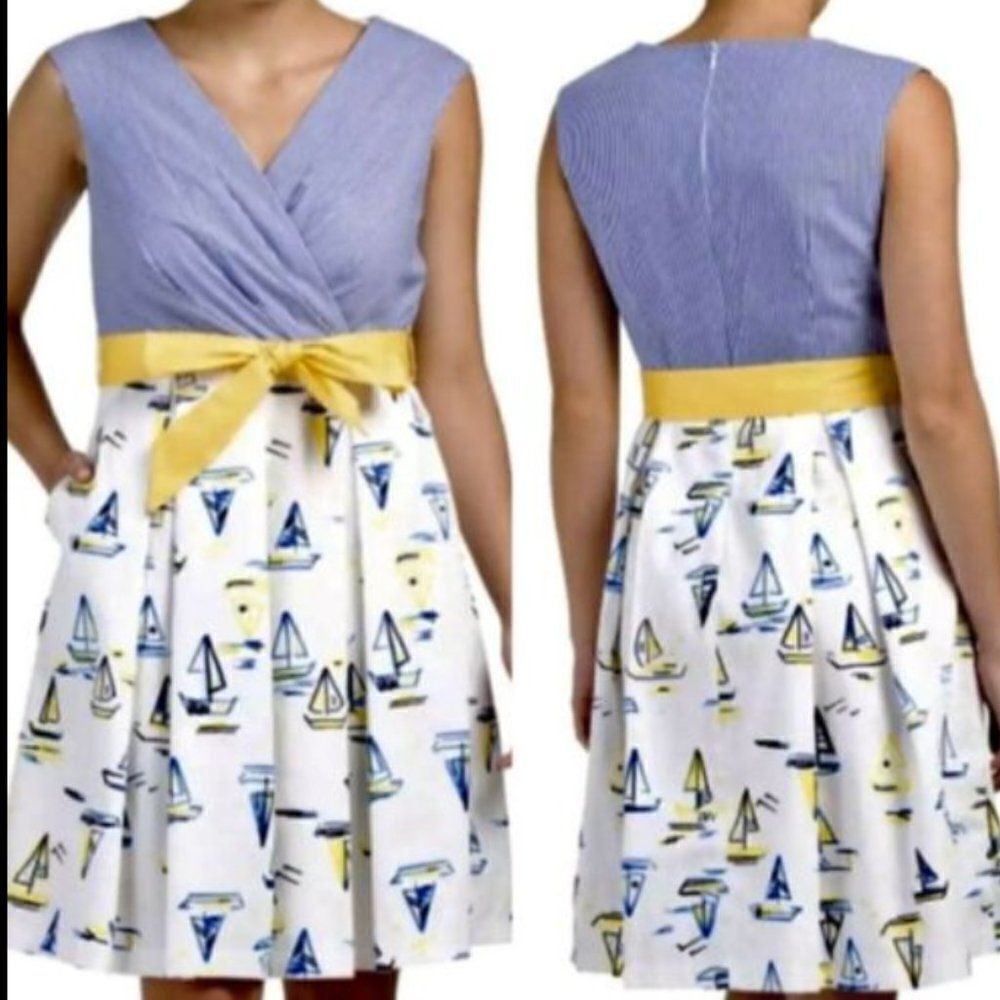Chetta‎ B Sailboat Nautical Fit & Flare Blue Dress Size 12 Sleeveless